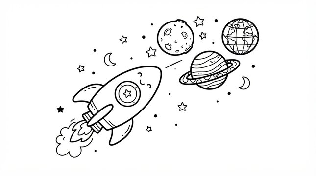 Cute cartoon rocket flying in space with planets and stars doodle