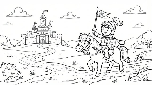 Little boy knight riding a horse toward a big castle in a fun coloring book page