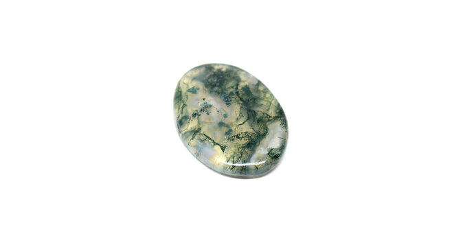 Polished oval moss agate hand stone with green moss-like inclusions on a clean white background.