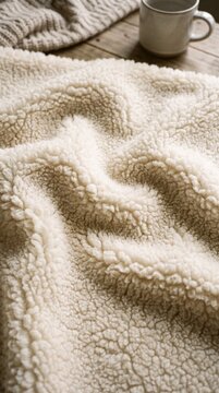 Macro texture of curly sherpa borg fleece fabric in natural ivory cream