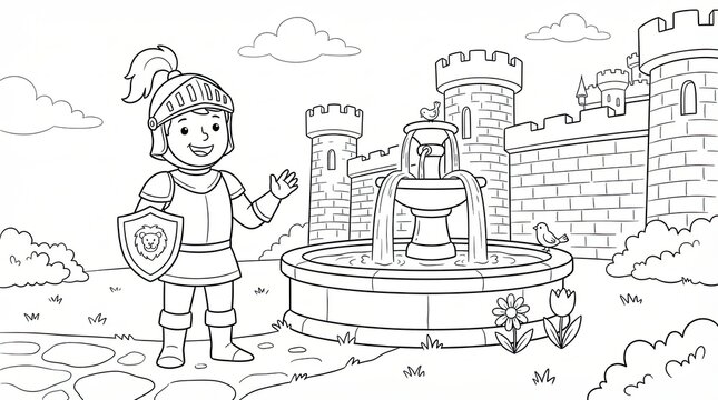 Happy little knight standing in front of a stone castle and water fountain drawing