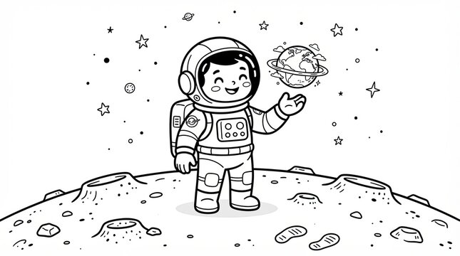 Cute cartoon astronaut holding a small planet on the moon surface