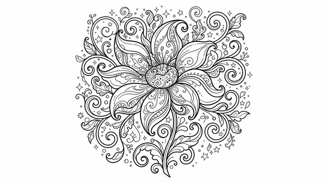 Beautiful hand drawn flower with intricate swirls and patterns for coloring page