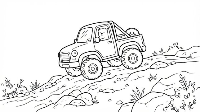 Cute bear driving an off-road truck on a rocky mountain path