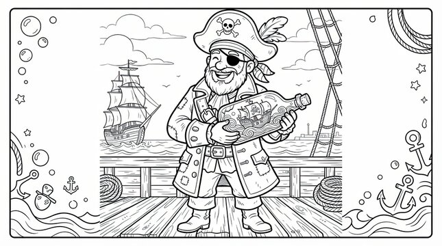 Happy pirate holding a message in a bottle on a ship deck black and white line art