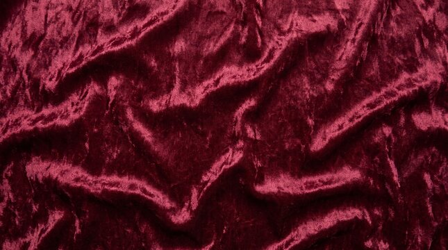 Macro texture of crushed velvet textile in opulent ruby wine red color