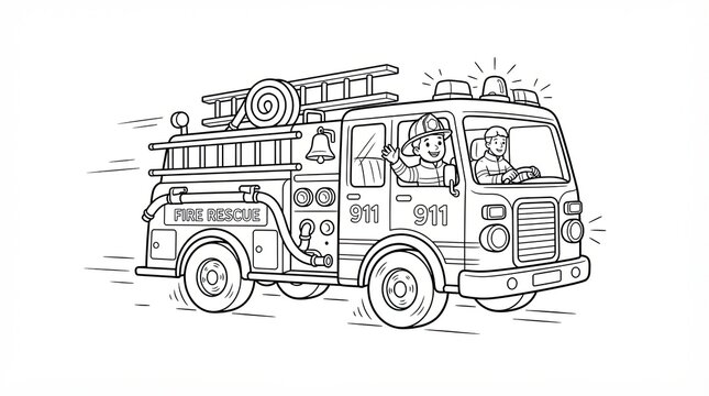 Cartoon fire engine truck with firefighters driving fast to emergency
