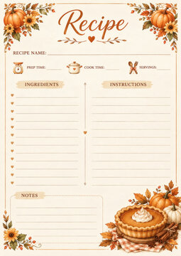Autumn-themed recipe card template with pumpkins, flowers, and pie. Perfect for Thanksgiving or fall cooking. Sections for ingredients, instructions, notes. Watercolor illustration.