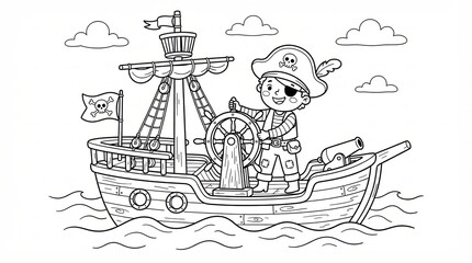 Naklejka premium Cute cartoon pirate boy steering a sailing ship in the ocean for kids coloring page