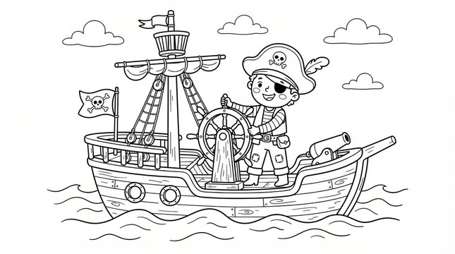 Cute cartoon pirate boy steering a sailing ship in the ocean for kids coloring page