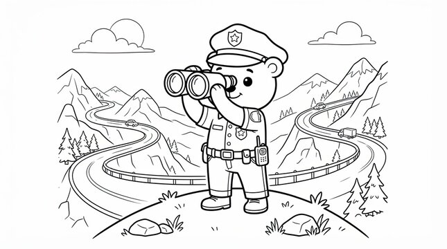 Cute police bear character looking through binoculars on a mountain road landscape
