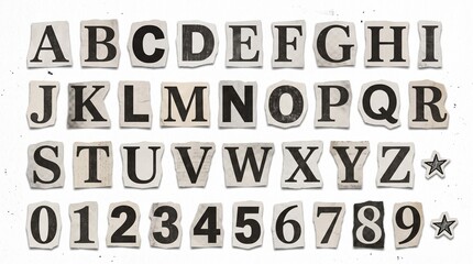 Fototapeta na wymiar Set of cutout alphabet letters and numbers arranged on a white background in a ransom note style with assortment individual letters