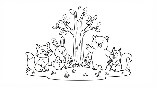 Cute forest animals with a tree in a fun cartoon coloring page