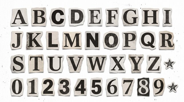 Set of cutout alphabet letters and numbers arranged on a white background in a ransom note style with assortment individual letters