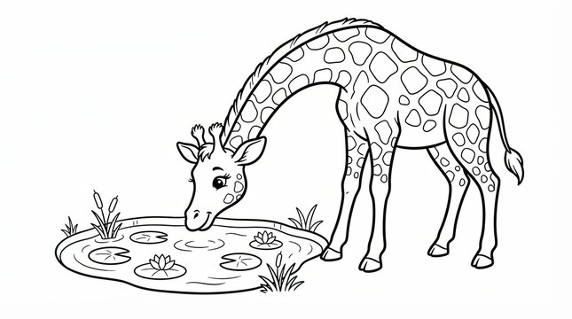 Cute giraffe drinking water from a small pond coloring page for kids