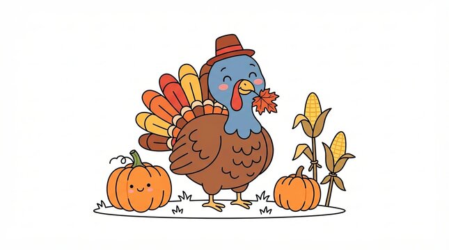 Cute cartoon turkey wearing a hat with pumpkins and corn for a happy thanksgiving
