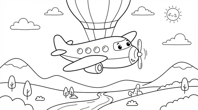 Cute cartoon airplane flying in the sky above a beautiful landscape coloring page