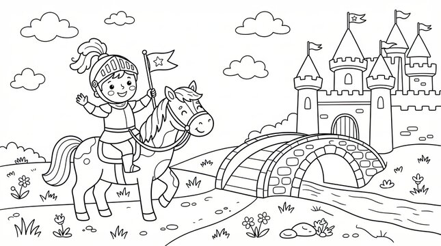 Little knight riding a horse near a castle coloring page for kids