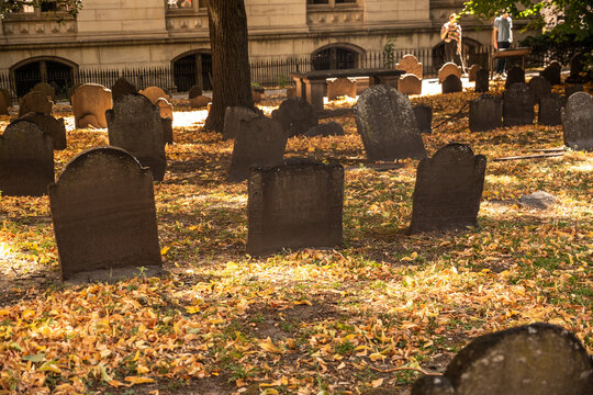 Historic cemetery with weathered tombstones and fallen autumn leaves under sunlight