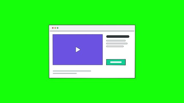 Flat design website template with purple video player and green button on chroma key background.