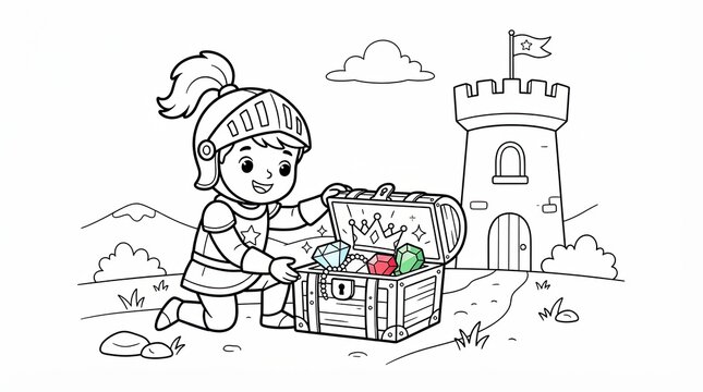 Little knight boy opening a treasure chest near a medieval castle