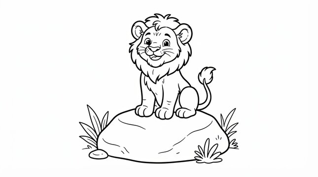 Cute little lion cub sitting on a rock drawing for kids coloring page