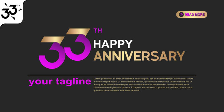 33rd Happy Anniversary logo with gold and purple typography on a dark background and modern celebration design.