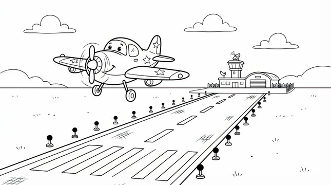 Cute cartoon airplane taking off from the airport runway for kids