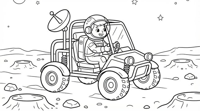 Little boy astronaut driving a lunar rover on the moon surface