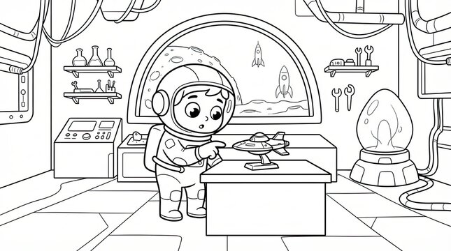 Little boy astronaut playing with a toy spaceship in a space station