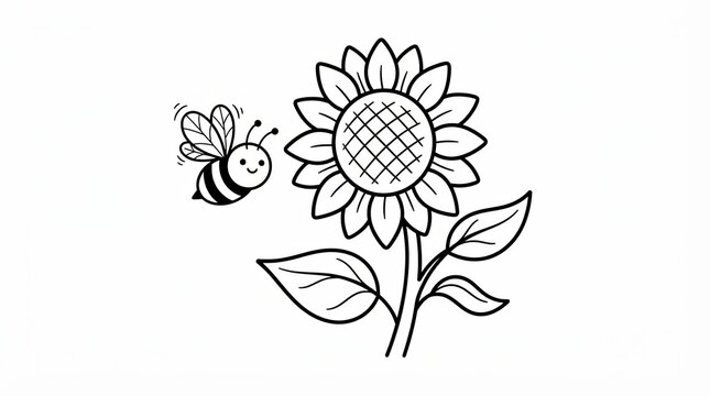 Cute cartoon bee flying near a large sunflower drawing
