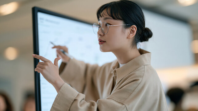 Young Korean climate activist presenting data visualization on screen at international youth summit, next generation leadership climate justice policy engagement conference