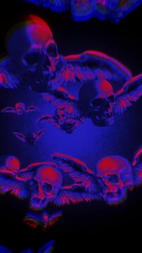 Animated group of skulls with wings flying in puppet stop-motion style. Multiple skulls with outstretched wings in a looping flight formation, rendered with a handmade, tactile aesthetic.