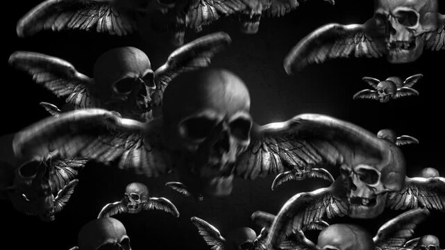 Animated group of skulls with wings flying in puppet stop-motion style. Multiple skulls with outstretched wings in a looping flight formation, rendered with a handmade, tactile aesthetic.