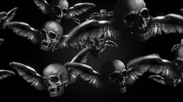 Animated group of skulls with wings flying in puppet stop-motion style. Multiple skulls with outstretched wings in a looping flight formation, rendered with a handmade, tactile aesthetic.