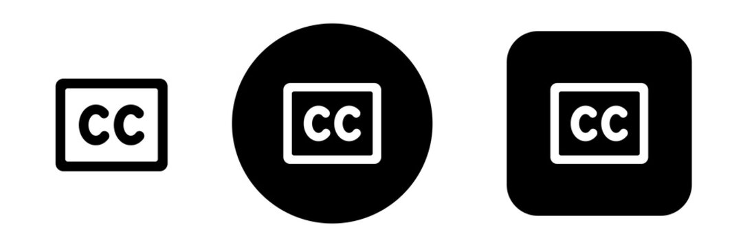 Subtitle button icon set with CC symbols. Closed caption and accessibility icons for video, streaming, media players and online content
