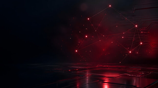 Cybersecurity network concept with red glowing digital nodes, circuit board lines and connected data links on dark background