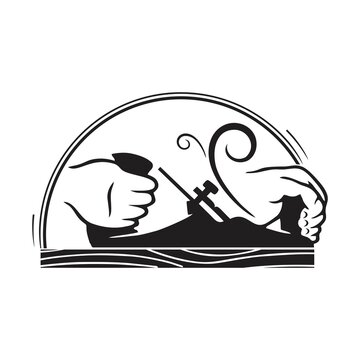 
Woodworker hands using a vintage hand plane tool to shave a piece of lumber wood, black and white vector illustration.