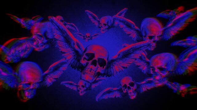 Animated group of skulls with wings flying in puppet stop-motion style. Multiple skulls with outstretched wings in a looping flight formation, rendered with a handmade, tactile aesthetic. 
