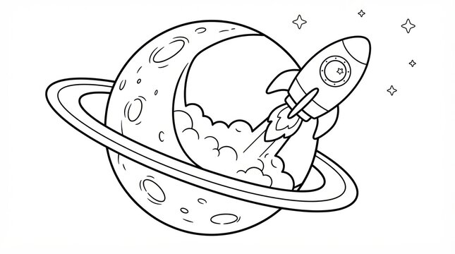 Cute cartoon rocket ship flying around a ringed planet in outer space line art