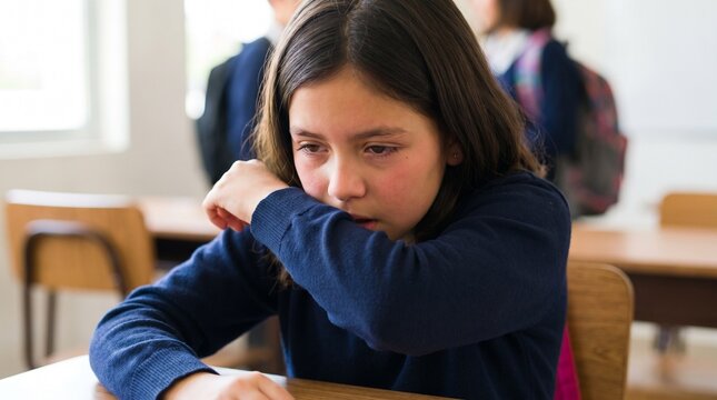 Ni&ntilde;a espa&ntilde;ola enferma tosiendo en el aula de la escuela 