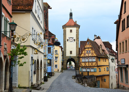 Historic Plnlein Corner and Siebersturm Gate Tower in Rothenburg ob der Tauber, Germany