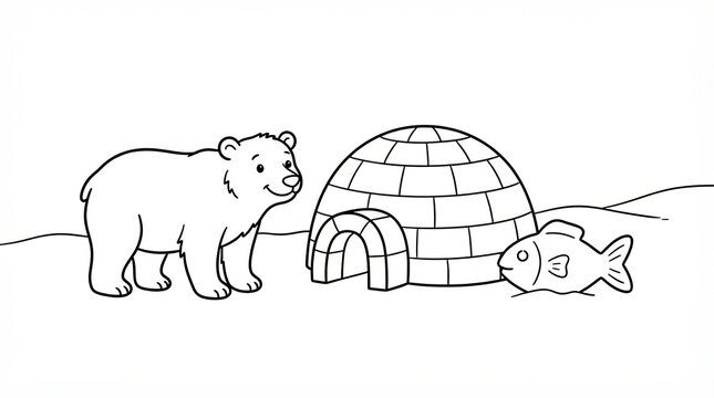 Cute polar bear standing near an igloo and a fish in the arctic winter landscape
