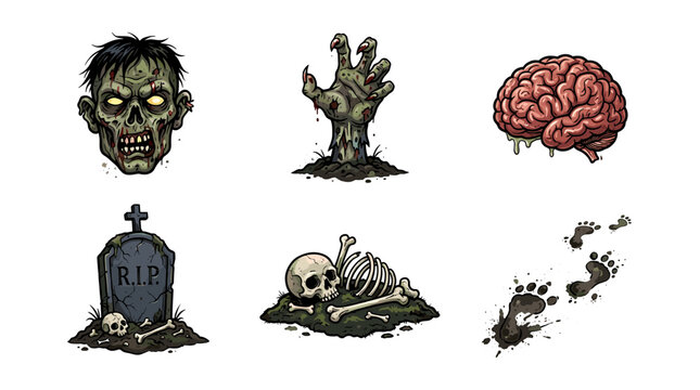Set of icons featuring zombie-related imagery, including a head, hand, brain, tombstone, skeleton, and footprints