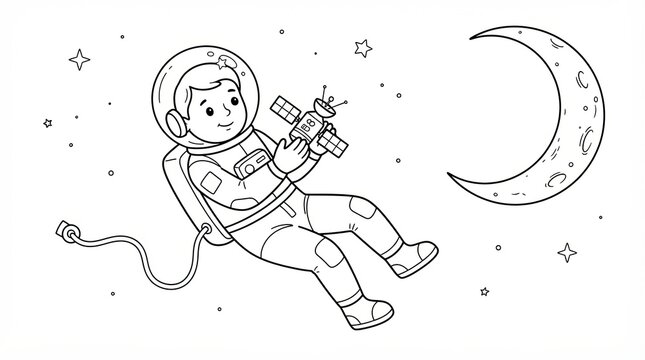 Cute cartoon astronaut floating in space with a moon and a satellite