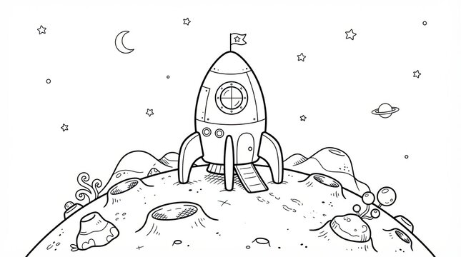 Black and white cartoon rocket landing on the moon surface illustration