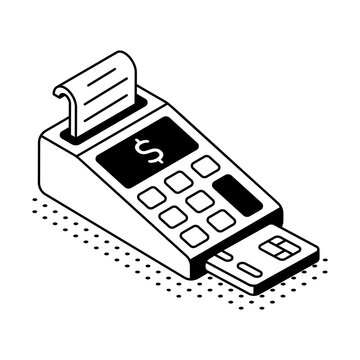 An isometric POS terminal with a card and receipt represents retail payments, card processing, checkout transactions, and electronic billing systems.