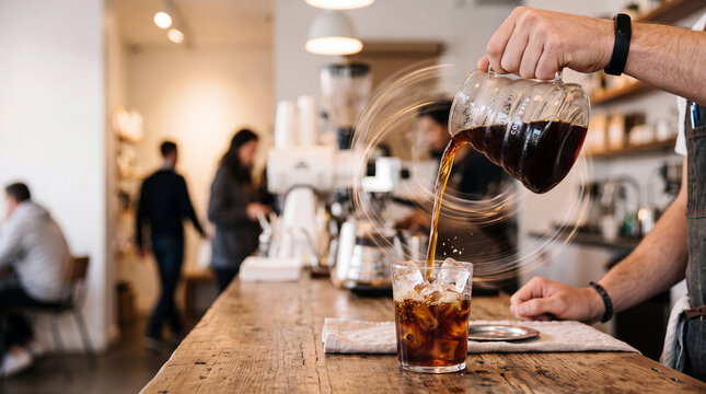 Barista Hand Pouring Cold Brew Coffee with Dynamic Motion Blur in Modern Cafe, Iced Coffee Action Photography with Copy Space