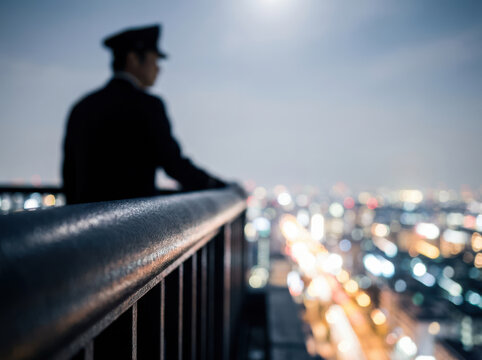 Rooftop, night, cityscape, officer, railing, uniform Officer leans on railing at night overlooking illuminated city streets with quiet resolve