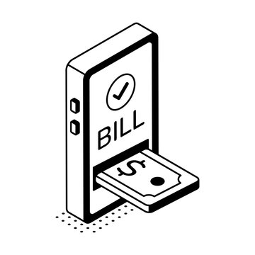 An isometric smartphone displaying a bill represents mobile payments, digital invoices, account charges, online billing, and transaction records.